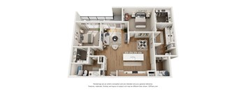 A 3D floor plan of a house with a kitchen, living room, and bedrooms.