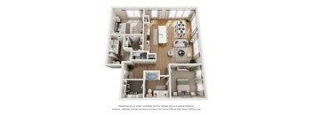 A 3D floor plan of a small apartment with a kitchen, living room, and bathroom.