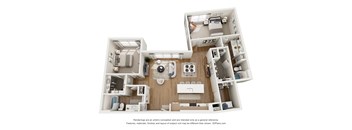 A 3D floor plan of a house with a kitchen, living room, and bathroom.