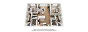 A 3D rendering of a modern, minimalist apartment layout.