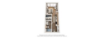 A 3D image of a small, neatly organized room with a bed, desk, and shelves.