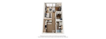 A 3D floor plan of a small apartment with a kitchen, living room, and bedroom.