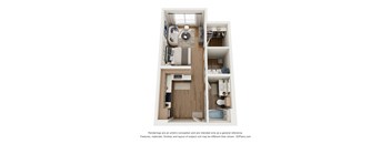 A 3D floor plan of a small apartment with a kitchen, living room, and bedroom.