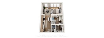 A 3D floor plan of a small apartment with a kitchen, living room, and bathroom.