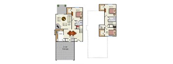 A floor plan of a house with two bedrooms, a living room, a kitchen, a dining room, a laundry room, a 2 car garage, a bath, and a backyard.