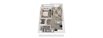 a stylized floor plan with a bedroom and a living room
