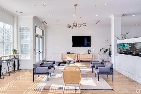 A modern living room with a grey sofa set, a wooden coffee table, and a TV mounted on the wall.