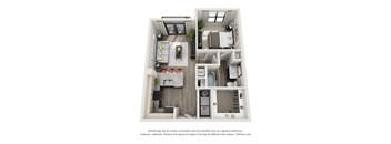 A 3D floor plan of a small apartment with a kitchen, living room, and bathroom.