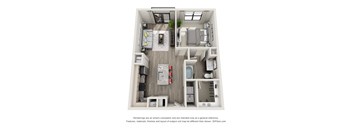 A 3D floor plan of a small apartment with a kitchen, living room, and bathroom.