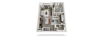 A 3D floor plan of a small apartment with a kitchen, living room, and bathroom.