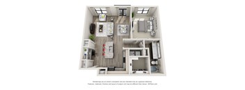 A 3D floor plan of a small apartment with a kitchen, living room, and bedroom.