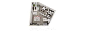 A 3D floor plan of a house with a kitchen, living room, and two bedrooms.