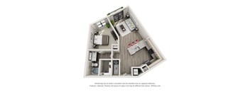 A 3D floor plan of a small apartment with a kitchen, living room, and bathroom.