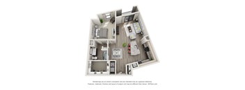A 3D floor plan of a house with a kitchen, living room, and bathroom.