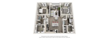 A 3D floor plan of a house with a kitchen, living room, and two bedrooms.