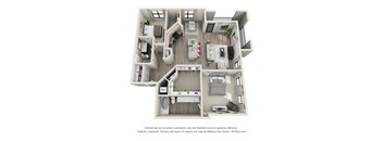 A 3D floor plan of a house with a kitchen, living room, dining room, and two bedrooms.