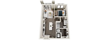 A floor plan of a small apartment with a living room, kitchen, and two bedrooms.
