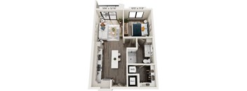 A floor plan of a small apartment with a living room, kitchen, and bedroom.