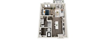 A floor plan of a small apartment with a living room, kitchen, and bathroom.