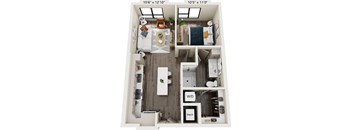 A floor plan of a small apartment with a living room, kitchen, and bathroom.