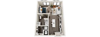 A floor plan of a small apartment with a bedroom, living room, and bathroom.