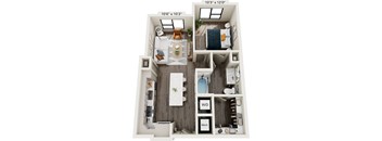 A 10'6" x 10'3" floor plan of a one bedroom apartment with a kitchen, living room, and bathroom.
