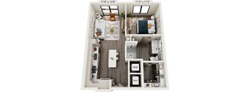 A floor plan of a small apartment with a living room, kitchen, and bathroom.