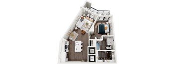 A floor plan of a small apartment with a kitchen, living room, and bathroom.