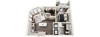 A floor plan of a small apartment with a living room, kitchen, and bathroom.
