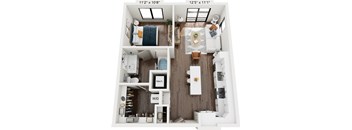 A floor plan of a small apartment with a bedroom, living room, kitchen, and bathroom.