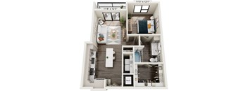 A floor plan of a small apartment with a kitchen, living room, and bathroom.