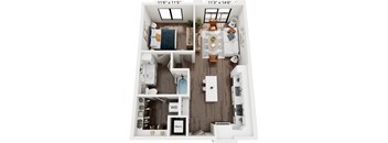 A floor plan of a small apartment with a kitchen, living room, and bathroom.