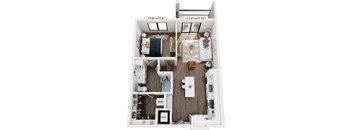 A floor plan of a small apartment with a kitchen, living room, and bathroom.