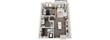 A floor plan of a small apartment with a bedroom, living room, kitchen, and bathroom.