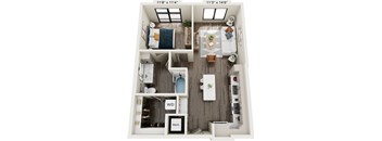 A floor plan of a small apartment with a bedroom, living room, kitchen, and bathroom.