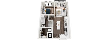 A floor plan of a small apartment with a kitchen, living room, and bathroom.