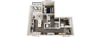 A floor plan of a small apartment with a kitchen, living room, and bedroom.