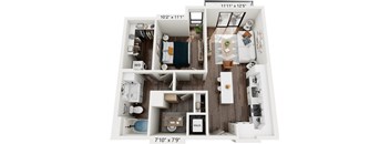 A floor plan of a small apartment with a living room, kitchen, and bathroom.