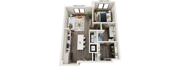 A floor plan of a small apartment with a kitchen, living room, and bathroom.