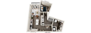 A floor plan of a small apartment with a kitchen, living room, and bathroom.