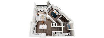 A 3D floor plan of a small apartment with a kitchen, living room, and bathroom.