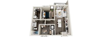 A floor plan of a small apartment with a living room, kitchen, and two bedrooms.