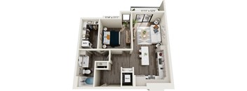 A floor plan of a small apartment with a living room, kitchen, and bathroom.