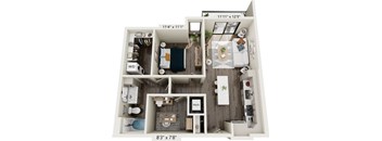 A floor plan of a small apartment with a kitchen, living room, and bathroom.