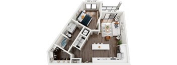 A top-down view of a small apartment with a kitchen, living room, and bathroom.