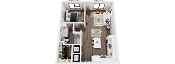 A floor plan of a small apartment with a living room, kitchen, and bathroom.