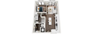 A floor plan of a small apartment with a bedroom, bathroom, kitchen, and living room.