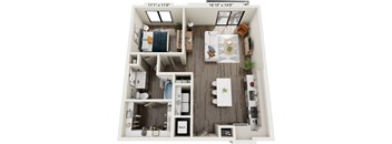 A top down view of a small apartment with a kitchen, living room, and bathroom.