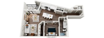 A floor plan of a small apartment with a kitchen, living room, and bathroom.