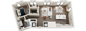 A top-down view of a small apartment with a kitchen, living room, and bathroom.